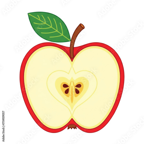 Red Apple Cut in Half Showing Yellow Flesh and Seeds fruit green leaf