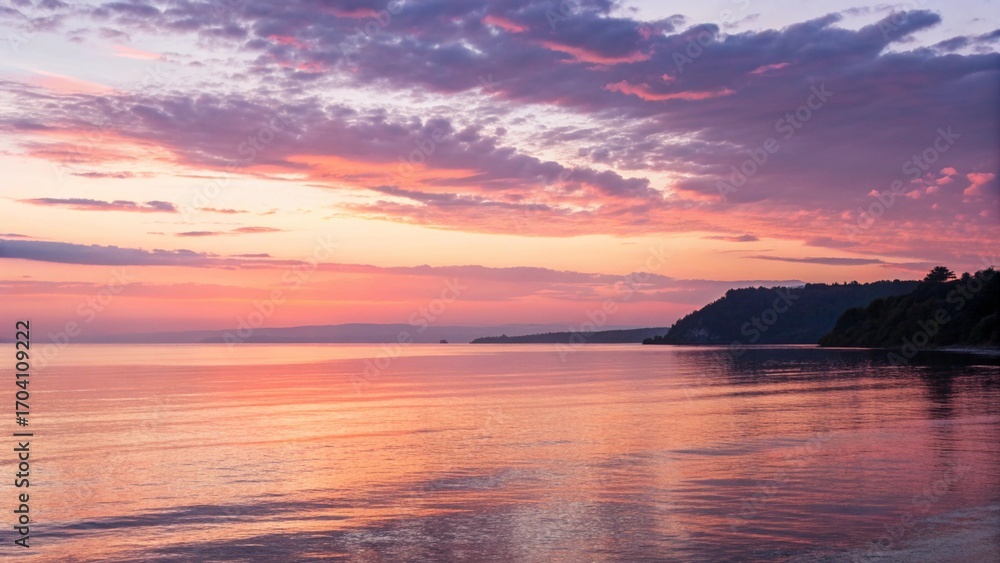 Naklejka premium Minimal Seascape at Dawn with Glowing Pastel Sky Serene Ocean Horizon with a Soft Water Reflection Peaceful Coastal View with a Pink and Purple Sky