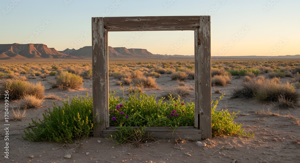 Fototapeta premium A window frame standing in the desert with greenery inside, symbol of vision.