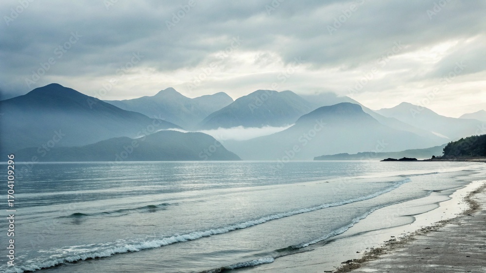 Obraz premium Minimal Soft Focus Seaside with Mountains in Mist Serene Coastal View with Hazy Mountains and Ocean Peaceful Seascape with Soft Light and Rolling Waves Tranquil Landscape of a Misty Shoreline at Da
