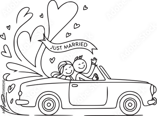 Newlyweds' Joyride: Hand-drawn illustration of a newly married couple in a classic convertible, surrounded by hearts and a Just Married banner, radiating happiness and romance.