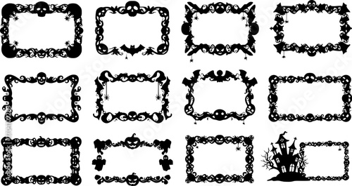 Set of scary frame border silhouette isolated on white backgrounf for Halloween day. Collection of halloween frame decoration vector illustration
