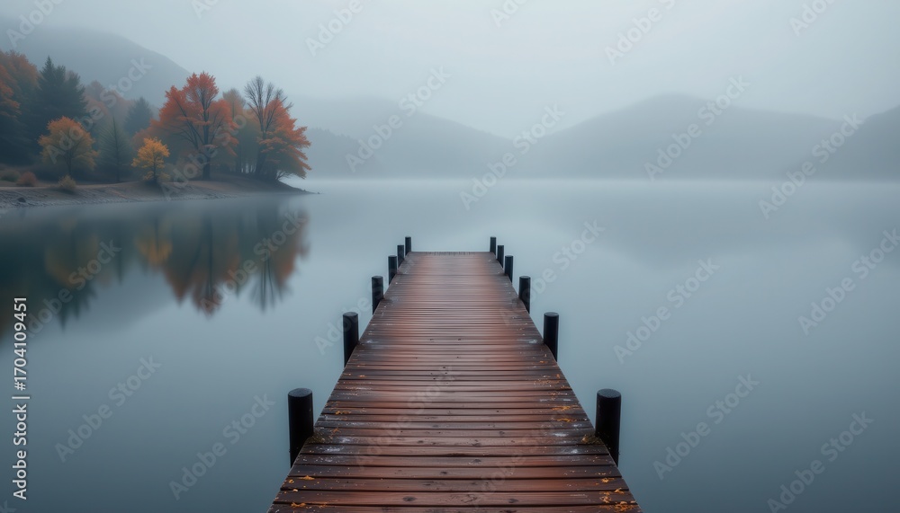 Fototapeta premium Wooden pier extends into a misty lake with autumnal trees reflecting on the calm water