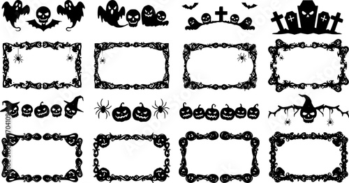Set of scary frame border silhouette isolated on white backgrounf for Halloween day. Collection of halloween frame decoration vector illustration
