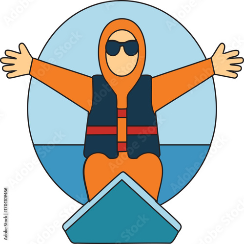 Flat design character in a canoe or kayak with arms outstretched, symbolizing water safety and the joy of adventure