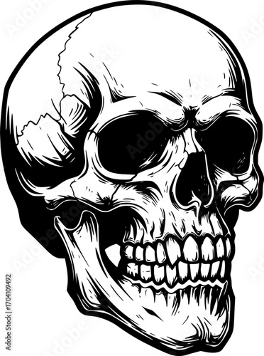 Bold black and white skull illustration, perfect for edgy and graphic designs.
