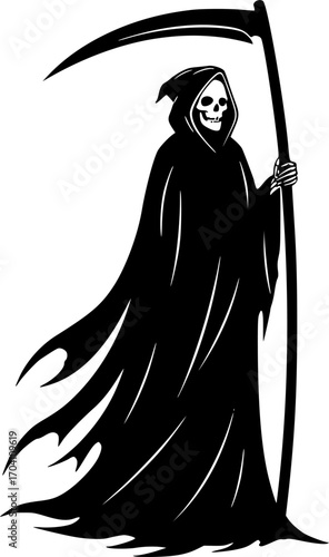 grim reaper silhouette in modern style, black design on white background
