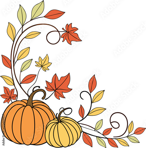 Pumpkin corner border autumn harvest illustration, Decorative illustration of two pumpkins with leaves and vines in the bottom left corner