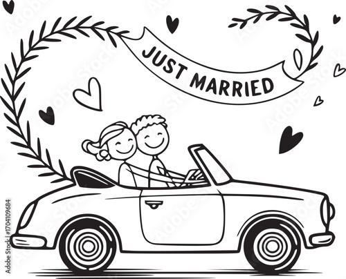 Just Married: A cute cartoon illustrates a newlywed couple riding in a convertible car, signifying the joyful start of their life together.