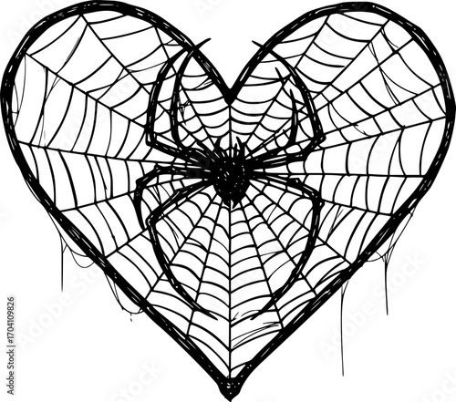 Spider web in shape of heart. Spiderweb in gothic design for Valentine's Day or Halloween. Hand drawing illustration isolated on white background. Vector
