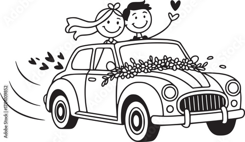 Wedding Car Illustration: A joyful couple rides in a decorated car, representing their love and embarking on a journey together.