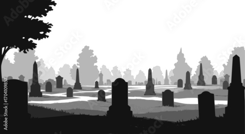 Silhouette of a graveyard gate with dead trees isolated on white background
