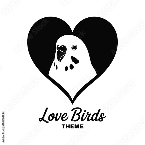 Budgerigar inside heart shape silhouette love birds theme vector isolated black and white.3.
