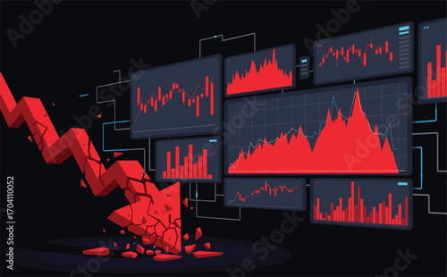 Sharp Decline in Financial Analytics with Red Graphs and Charts