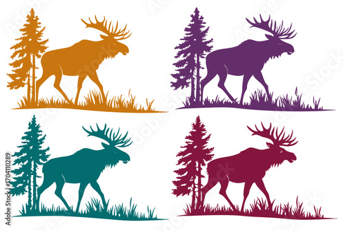 set of Moose standing in forest silhouette illustration
