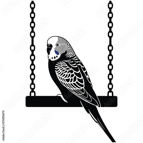 Budgerigar perched on swing silhouette vector isolated black and white