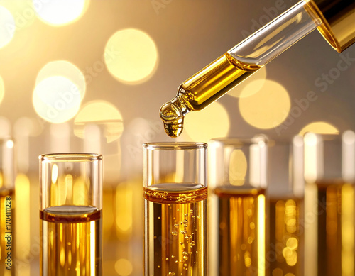 Golden Liquid Dropping into Test Tubes with Bokeh Background