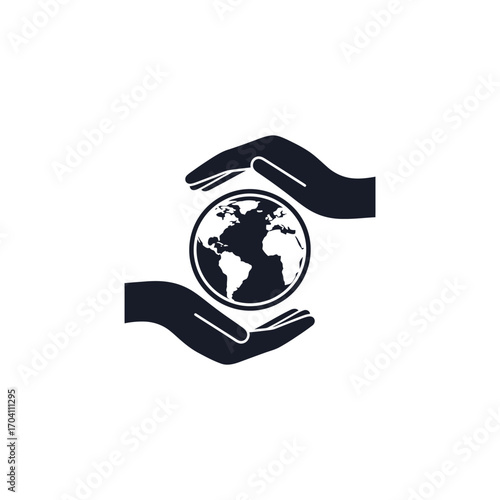 A global concept illustration showing a hand holding the planet Earth with an arrow sign, symbolizing technology and an environmental business approach
