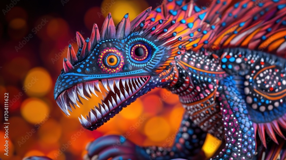 Obraz premium Colorful alebrije dragon sculpture on blurred background