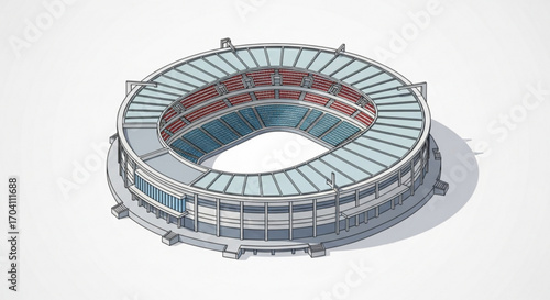 Isometric illustration of a modern stadium, showcasing its architectural design and grand scale