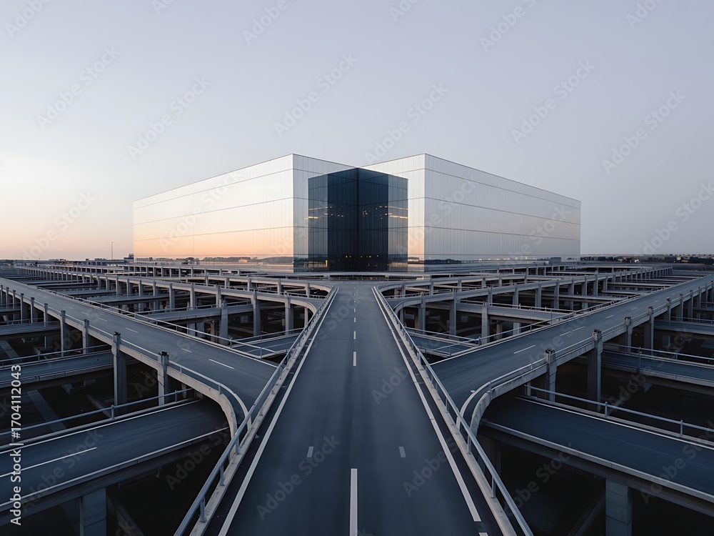 Fototapeta premium Modern Architectural Complex with Intersecting Overpasses and Reflective Facade architecture building