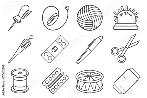 Sewing kit essentials vector illustration featuring needle thread scissors yarn and other craft supplies icons on transparent background