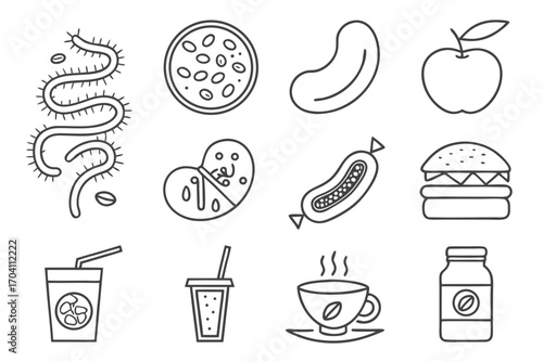 Food icons set vector illustration featuring burger, apple, coffee, sausage, and diverse food items on transparent background
