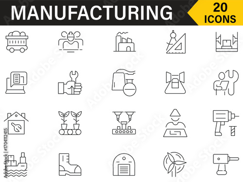 Manufacturing icon set in line style. Set of 20 icons related to management, business, infrastructure, production, product, warehouse, machine, industrial and more symbol collection.