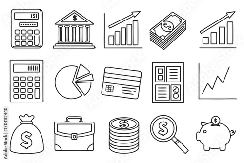 Finance and investment planning icons for business and banking management assets and financial analysis on transparent background