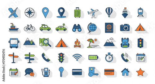 Collection of travel icons featuring transportation, landmarks, and activities, , perfect for travelrelated designs