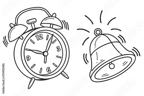Alarm clock and bell ringing illustration, time management and wake up concept, outline drawing for design on transparent background