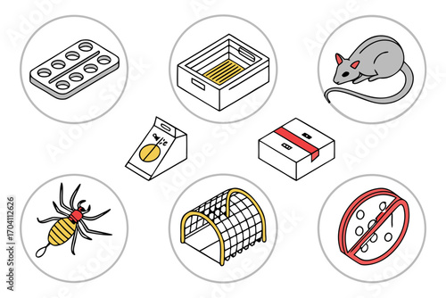 Pest control supplies vector illustration featuring rat trap insecticide and prevention methods for home use on transparent background