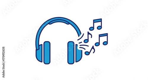 Illustration of blue headphones with musical notes emanating from them, represents music, audio, and entertainment