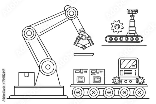 Robotic arm automation system for manufacturing industry process engineering and assembly line production on transparent background