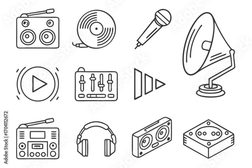 Music audio equipment vector illustration featuring radio, vinyl, microphone, and speaker for sound design on transparent background