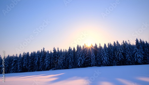 Winter sunrise over a snow-covered forest with a clear blue sky and warm light casting long shadows on the pristine field.