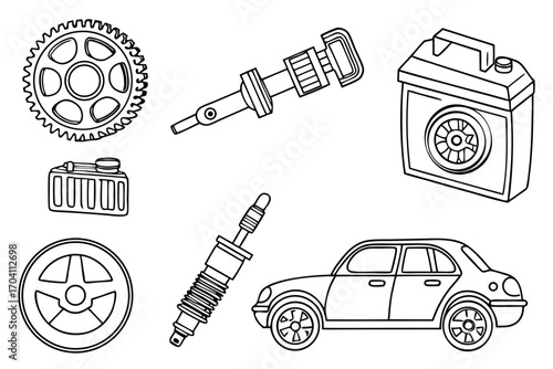 Automotive car parts and accessories outline drawing for vehicle maintenance and repair services illustration on transparent background