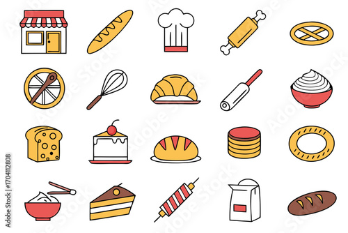 Bakery shop sweet bread cake croissant and pastry icons vector illustration for bakery and cafe menu 100 on transparent background