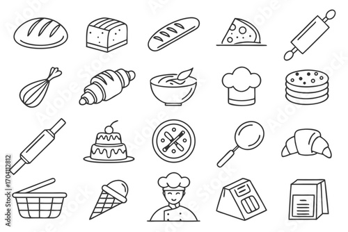 Bakery pastry bread cake croissant cheese chef cooking food kitchen vector line art outline illustration on transparent background