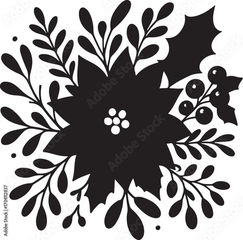 Black vector illustration of Christmas flowers, poinsettia petals, holly berries, mistletoe leaves, festive bouquet, decorative botanical design, editable Christmas artwork