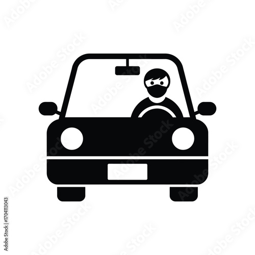 Minimalist black and white icon of a car with a masked driver, featuring front-view silhouette and geometric shapes