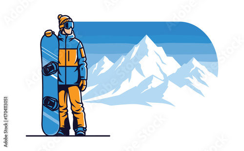 Snowboarder in Winter Outfit with Scenic Mountain Background