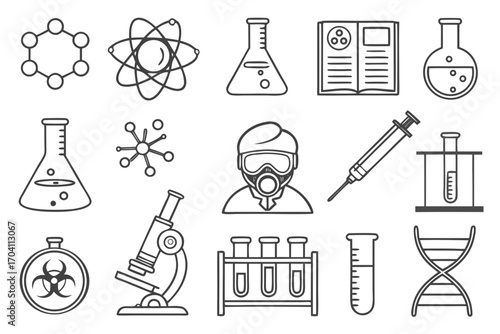Science lab equipment vector illustration featuring beaker microscope dna atom molecule and other elements on transparent background
