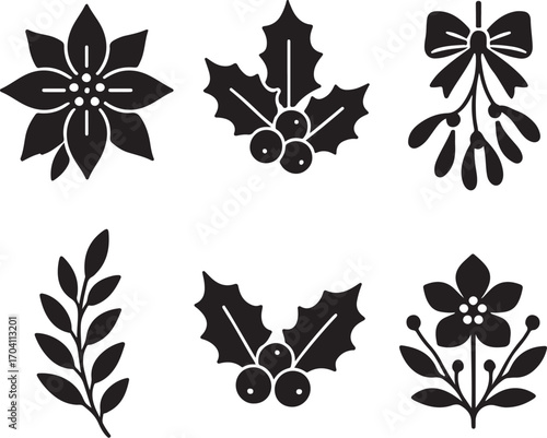 Black Christmas day vector icons, festive floral icons, poinsettia flowers, holly berries, mistletoe leaves, three icons top row, three icons bottom row, holiday bouquet, editable silhouette set