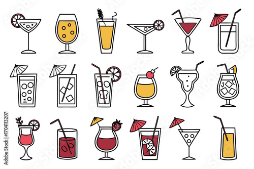 Collection of cocktail drinks vector illustration, summer party drinks, alcoholic beverage, bar menu design on transparent background