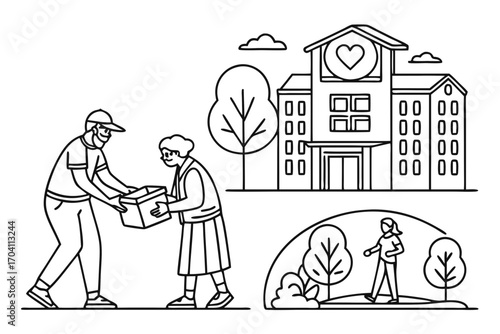 Volunteer delivering food to senior citizen at community center illustration vector outline design art on transparent background