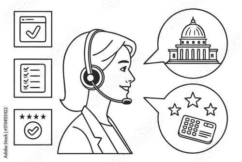 Customer service representative with headset providing support for government and financial services online on transparent background