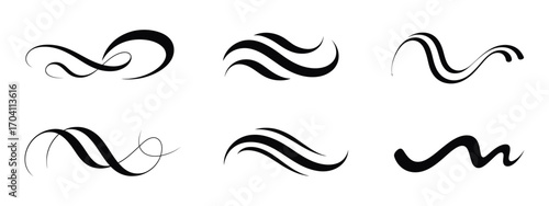 Wind Motion Line Vector Set – Flowing Wave and Swirl Collection – Breeze, Storm, Hurricane Curves and Spirals – Air Movement Symbol Pack – EPS Illustration