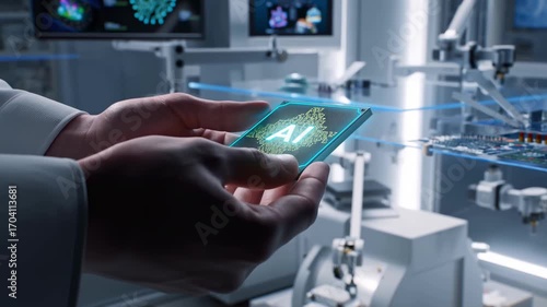Engineer tests an AI chip in a clean robotics lab, as robotic arms assemble circuit boards under glowing monitors.