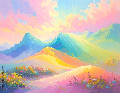 Pastel mountainscape with vibrant flowers